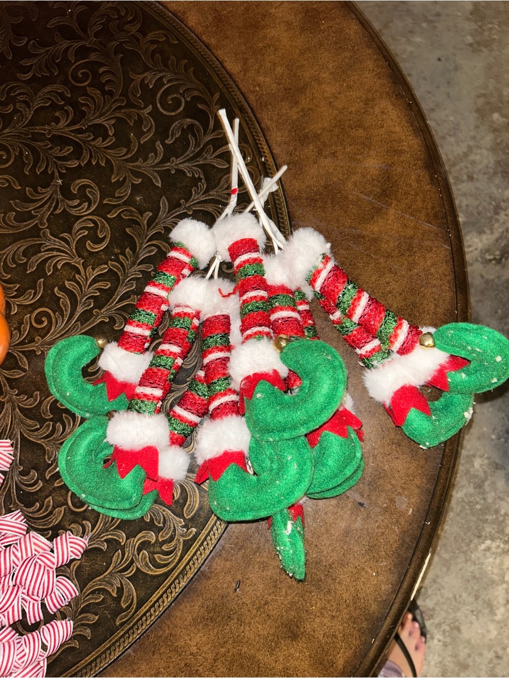 Source Unknown Red, Green and White Elf Shoe Holiday Ornaments